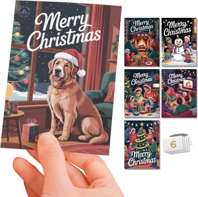 Inspra Studio – Luxe Kerstkaarten met Enveloppen – 6 Stuks – Jaren 90 Wenskaarten Set 1 – Artistieke Illustraties met Nostalgische Retro Stijl