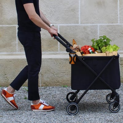 Famanu - Shopping Caddy – persoonlijke boodschappentrolley, opvouwbareboodschappenwagen met 4 wielen, vering, verstelbare hoogte, voetrem, drankhouder en modern design