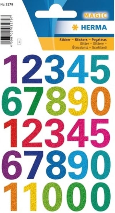 Herma Stickervel nummers glitter - cijfers / getallen - 0 t/m 9 - 1x vellen - gekleurd - 25 mm