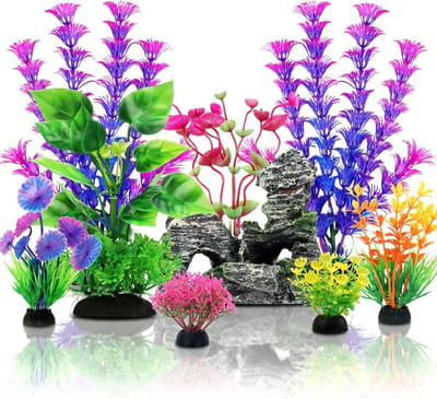 Natuurlijke Kunstplanten voor Aquarium, 9 Stuks Groene Decoraties met Grotten en Steen, Onderwater Planten en Decoratie Set