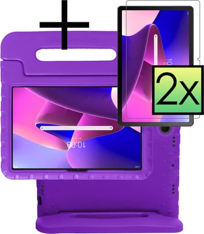 Hoes - Geschikt voor Lenovo Tab M10 Plus (3e / 3rd Generatie) - Met 2x Screenprotector - Kinderhoes Shockproof Bumper - Kidsproof Case - Tablet Hoesje - Kinder Cover - Paars