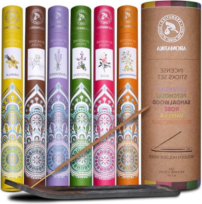 6 geuren Wierookstokjes - Lavendel-Patchouli-Sandelhout-Roos-Vanille - Aromatherapie Set met houder