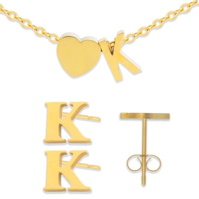 Initiaal Armband & Oorbellen set met Letter K Goudkleurig - Stainless Steel - Met letter & Hartje! - 2x Sieraden Cadeau - Pax Amare
