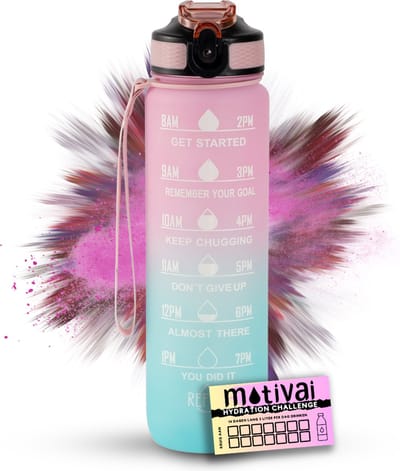 Motivai Motivatie Waterfles - Roze/Blauw - Inclusief Extra Afsluitklepje - 1 Liter - Motiverende Drinkfles met Rietje - BPA Vrij - Met Motivai Hydration Challenge