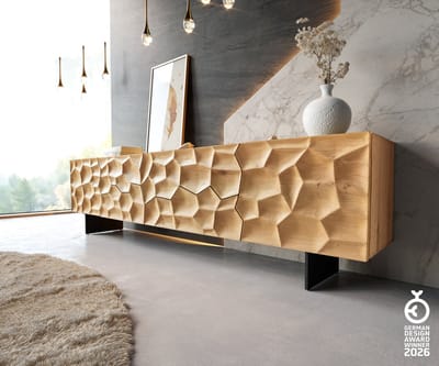 Tv-meubel Solu 220 cm natuurlijk eiken 2 deuren 4 laden onderstel zwevend metaal zwart 3D front