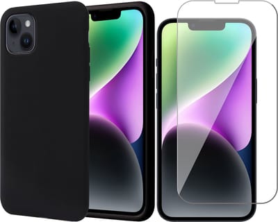 Hoesje geschikt voor iPhone 14 - Matte Back Cover Microvezel Siliconen Case Hoes Zwart - Tempered Glass Screenprotector