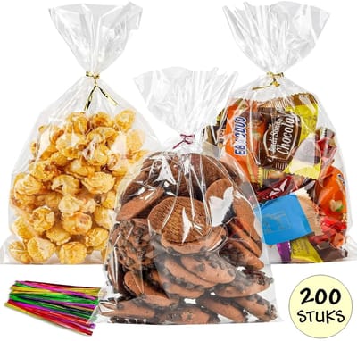 200x Uitdeelzakjes 15x25 cm - Zakjes Met Twistbandjes - Cellofaan Zakjes - Transparant - Snoepzakjes - Cadeauzakjes - Inclusief Sluitstrips Mix - 200 Stuks