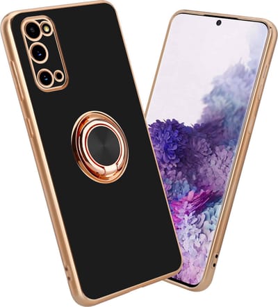 Cadorabo Hoesje geschikt voor Samsung Galaxy S20 in Glossy Zwart - Goud met ring - Beschermhoes van flexibel TPU-silicone Case Cover met camerabescherming en magnetische autohouder