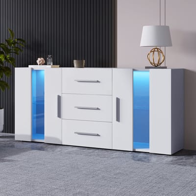HAUSS SPOLE Dressoirs - TV Dressoir Met 16-Kleuren LED - 5-7 Opbergruimtes En Verstelbare Planken - 140×35×70 cm - Spaanplaat - Wit