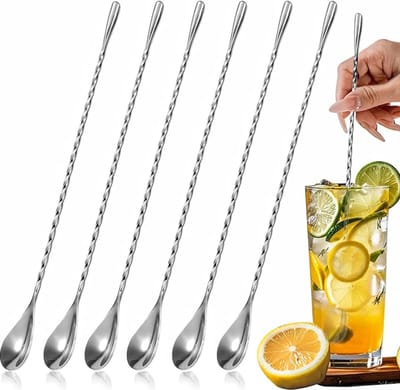 6 Stuks Cocktail Lepel - Rvs Barlepel - Barspoon - Cocktail Barlepel - Gedraaide Barlepel - Roerlepel - Multifunctionele Roerstaaf - 12-Inch - Roert Desserts, Ijsthee, Moutdranken, Milkshakes en Sappen - Zilver