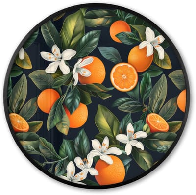 Poster in lijst Rond - Fotolijst 60x60 cm - Posters - Sinaasappels - Bloesems - Bladeren - Tropisch - Ronde posterlijst zwart - Decoratie - Wanddecoratie woonkamer - Muurdecoratie slaapkamer