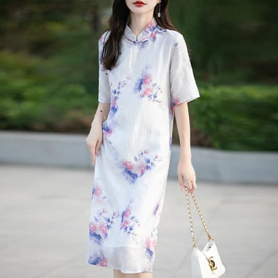 Nieuwe Chinese Stijl Eenvoudige en Elegante Jurk voor Dames, Verbeterd Gespont Design, Cheongsam Rok, Veelzijdige en Frisse Jurk met Opstaande Kraag XXL white