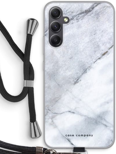 Case Company® - Hoesje met koord geschikt voor Samsung Galaxy A34 hoesje met Koord - Witte marmer - Telefoonhoesje met Zwart Koord - Bescherming aan alle Kanten en Over de Schermrand