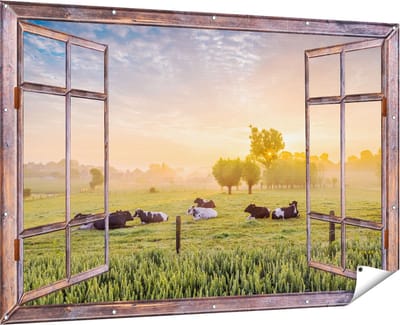 Gards Tuinposter Doorkijk Koeien in de Wei tijdens Zonsopgang - 180x120 cm - Tuindoek - Tuindecoratie - Wanddecoratie buiten - Tuinschilderij