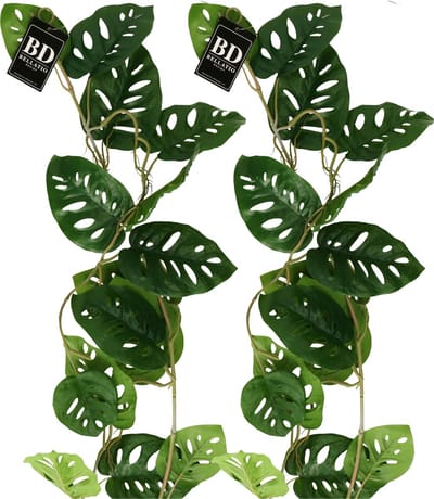 Bellatio Design kunstplant/hangplant slinger - 2x - Gatenplant/philodendron - groen - 120 cm lang - planten guirlandes