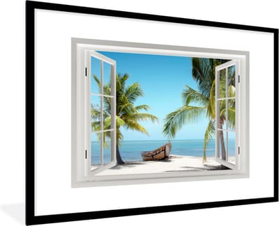 Poster in lijst - Fotolijst 90x60 cm - Posters - Doorkijk - Strand - Palmboom - Boot - Tropisch - Zee - Blauw - Posterlijst zwart - Decoratie - Wanddecoratie woonkamer - Muurdecoratie slaapkamer