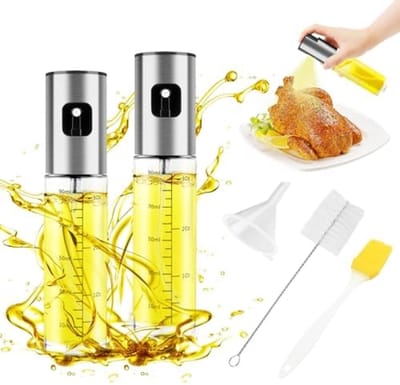 PromoHome Oliesproeier Set van 2 - 100 ml Olie Spray Fles voor Gezond Koken - Geschikt voor Friteuse, Bakken, Grillen en Salades - Inclusief Trechter en Reinigingsborstel