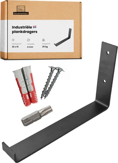GoudmetHout® Industriële Plankdragers L-vorm UP - 25 cm - Stalen Plankdrager voor Wandschap, Muurrek of Wandconsole - Max 25 kg - 1 stuk - Mat Blank