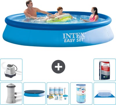Intex Rond Opblaasbaar Easy Set Zwembad - 366 x 76 cm - Blauw - Inclusief Pomp - Afdekzeil - Onderhoudspakket - Filter - Grondzeil - Zoutwatersysteem - Zwembadzout - 8-delig