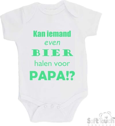 100% katoenen Romper "Kan iemand even bier halen voor papa!?" Vader Vaderdag Papa Unisex Katoen Wit/mint Maat 56/62