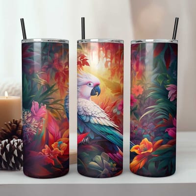 Creasowl® Kaketoe vogel roestvrijstalen tumbler beker met deksel en rietje - Koffie drinkbeker - Thermosbeker to go - Koffiebeker - Thermos beker - Reismok - Travel mug - Houdt drankjes warm - Voor in de auto - Voor onderweg - Schoolbeker