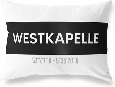 Tuinkussen WESTKAPELLE - ZEELAND met coördinaten - Buitenkussen - Bootkussen - Weerbestendig - Jouw Plaats - Studio216 - Modern - Zwart-Wit - 50x30cm