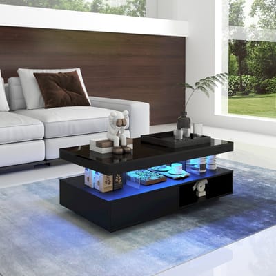 PHOEBE CAT Salontafel - Hoogglans - 4 glazen planken - 2 lades - 2 open compartimenten - Zwart