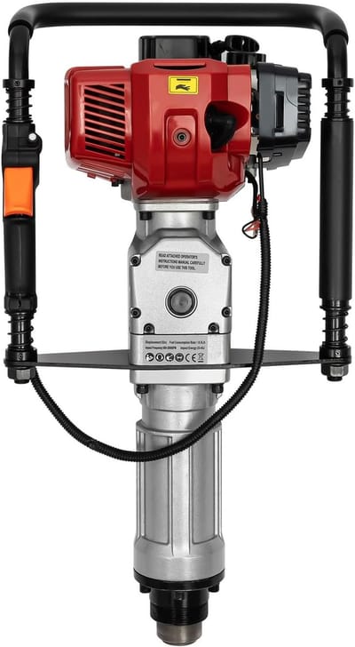 Benzine paalrammer - Paalhamer grondboor - Hekken plaatsen - Draagbaar tweetaktmodel - 52 cc 3 kopmaten - Zwart rood grijs