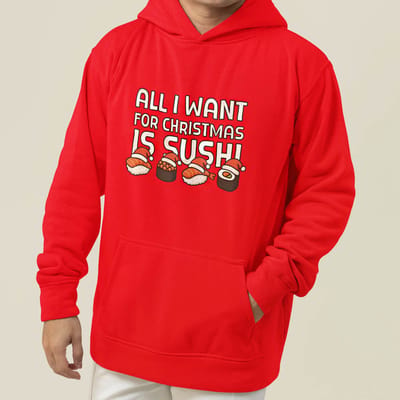 Foute Kerst Hoodie Rood All I Want For Christmas Is Sushi XS - Uniseks Pasvorm - Kerstkleding Voor Dames & Heren
