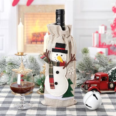Noël Bonhomme de neige Père Noël Emballage Cadeau Bouteille de Vin Jute Sac Pochette Toile de Jute Noël Housse de Sac pour Bouteille de Vin Décorations de Noël 30x14cm beige