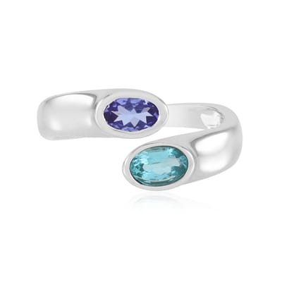 Cavill - 925 Sterling Zilver Ring - Gerhodineerd - Paraiba Apatiet 0,41 ct & Tanzaniet 0,45 ct Ovaal - Elegant Bezel Design - Unisex Sieraad