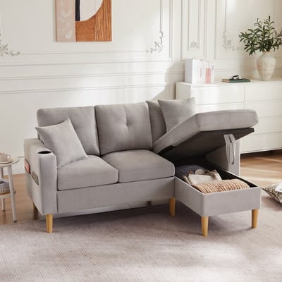 Gutent-Bank Moderne L-vormige bank, 3-zitsbank met chaise longue, opbergruimte, geïntegreerde bekerhouder, inclusief 2 kussens, geschikt voor woonkamer, kantoor, appartement, etc., video beschikbaar
