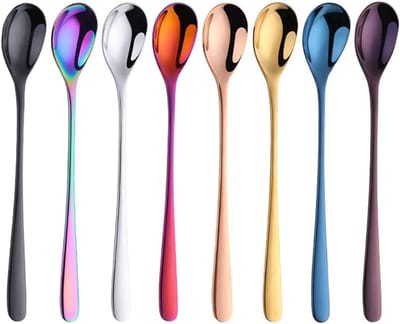 Kleurige RVS Latte Lepels met Lange Handgreep - 8 Stuks voor IJs, Thee en Desserts - 20.5 cm, Ideaal voor Sundae en Koffie