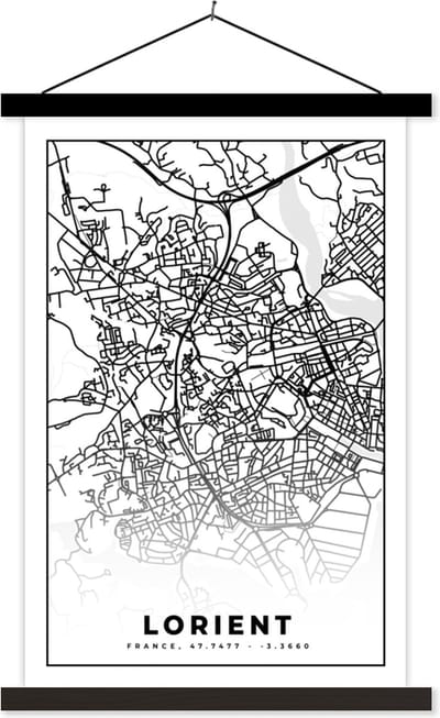 Posterhanger incl. Poster 40x60 cm - Schoolplaat - Plattegrond - Lorient - Kaart - Frankrijk - Stadskaart - Zwart wit - Textielposter - Zwarte latten - Stadskaart