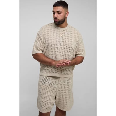 Plus Oversized Boxy Zig Zag Crochet T-Shirt & Short Set | Natural | Size 2XL