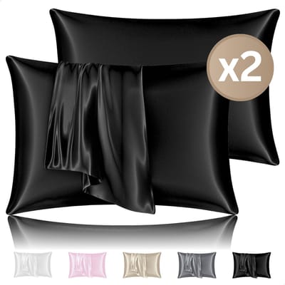 RENALUX - Satijnen Kussensloop Trend - Zwart - kussenslopen 60 x 70 set van 2 - Zijden Zachte Kussensloop - Haarverzorging - Set van 2 Stuks - Rits Sluiting - Zwart