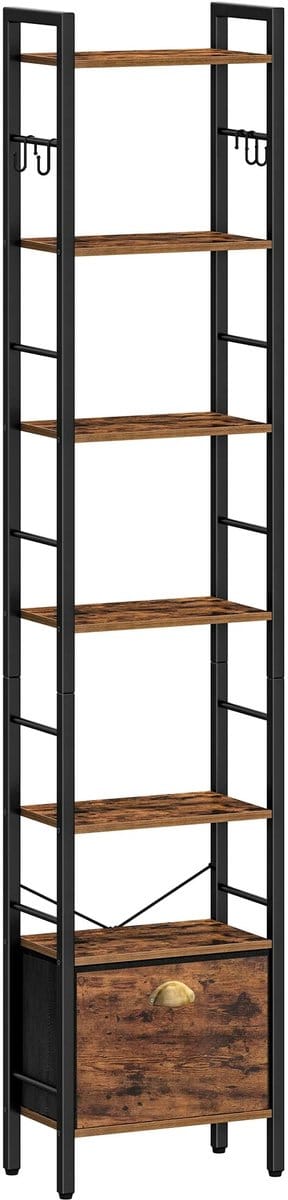 Jurrys Kast - Boekenkast - Smalle kast - Openkast - Opbergrek - Industrieel - Praktisch - Decoratief - Metaal - Bruin/Zwart - 199cm