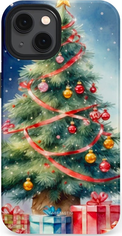 Casetastic hoesje geschikt voor Apple iPhone 13 - MagSafe - Dubbellaagse bescherming - Aquarel Kerstboom Cadeau - Fashion Case - Grijs Donkerblauw Saliegroen Beige