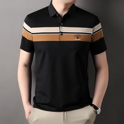 Gestreept Modieus Pullover T-shirt met Korte Mouwen voor Heren. Zomer Nieuw Koreaanse Stijl Revers Losse Casual Veelzijdige Top Trendy 4XL brown