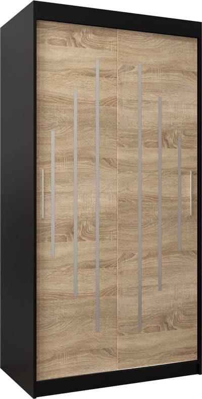 InspireMe - Kledingkast met 2 schuifdeuren, Modern-stijl, Een kledingkast met planken (BxHxD): 100x200x62 - MALTESE 100 Zwart Mat + Sonoma Eik