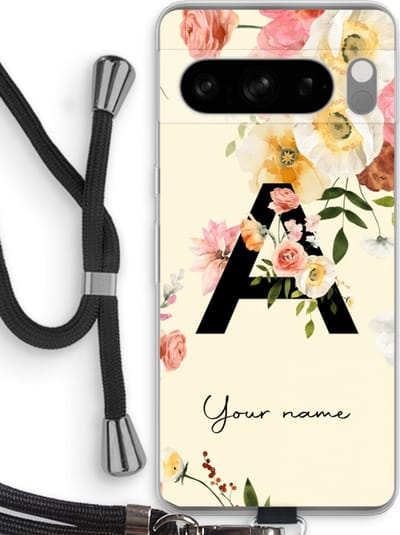 Gepersonaliseerd - Case Company® - Hoesje met koord geschikt voor Google Pixel 8 Pro hoesje met Koord - Flirty Flowers Monogram - Telefoonhoesje met Zwart Koord - Bescherming aan alle Kanten en Over de Schermrand