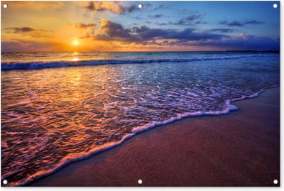 Tuinposter zee - Zonsondergang - Strand - Wolken - Schutting decoratie - Tuinschilderij voor buiten - Tuin - Schuttingdoek - 120x80 cm - Tuindecoratie - Tuindoek - Tuin decoratie