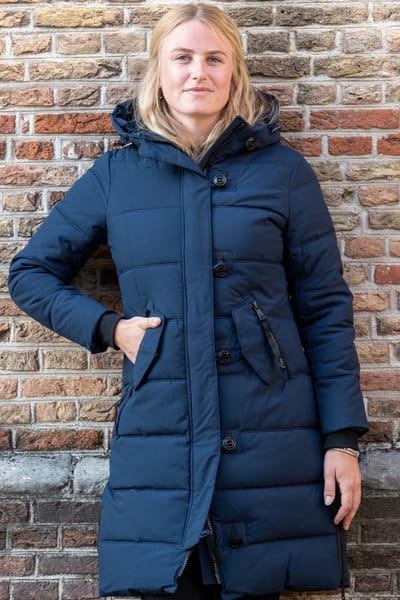 Lange dames winterjas - Gewatteerd en getailleerd - Donkerblauw - Maat 36