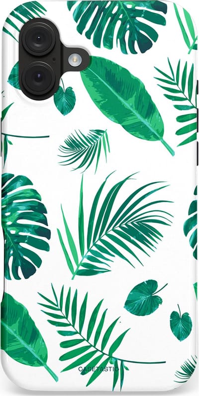 Casetastic hoesje geschikt voor Apple iPhone 16 Plus - MagSafe - Dubbellaagse bescherming - Groene Witte Jungle Bladeren Print - Fashion Case - Wit Mintgroen Turquoise