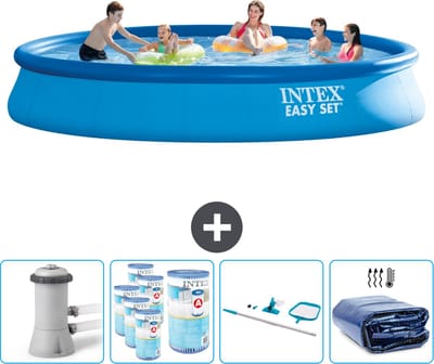 Intex Rond Opblaasbaar Easy Set Zwembad - 457 x 84 cm - Blauw - Inclusief Pomp Filters - Schoonmaakset - Solarzeil