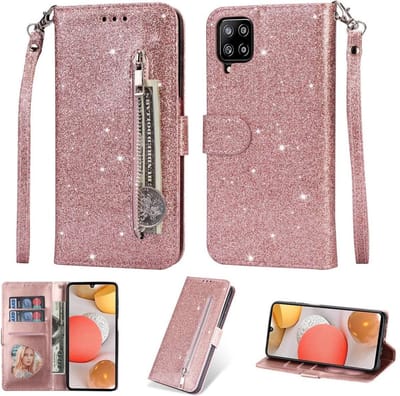 Bookcase Geschikt voor: Samsung Galaxy A42 Glitter met rits - hoesje - portemonnee hoesje - Rosegoud