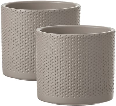Mica Decorations Bloempot - 2x - taupe - relief - keramiek - D15 x H13 cm - plantenpotten binnen