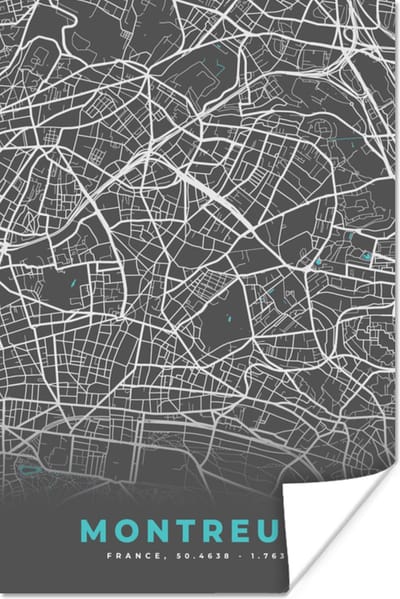 Poster Kaart - Plattegrond - Montreuil - Stadskaart - Frankrijk - 120x180 cm XXL