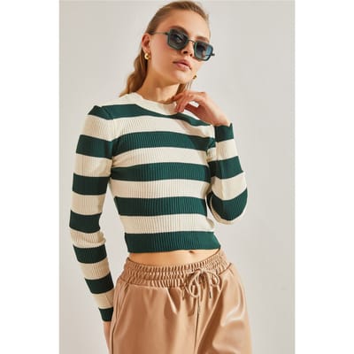 Gestreepte Crop Blouse met Ronde Hals