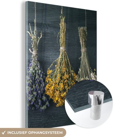 MuchoWow® Glasschilderij 90x120 cm - Schilderij acrylglas - Droogbloemen - Bloemen - Boeket - Stilleven - Touw - Bundel - Foto op glas - Muurdecoratie woonkamer - Wanddecoratie slaapkamer - Schilderijen